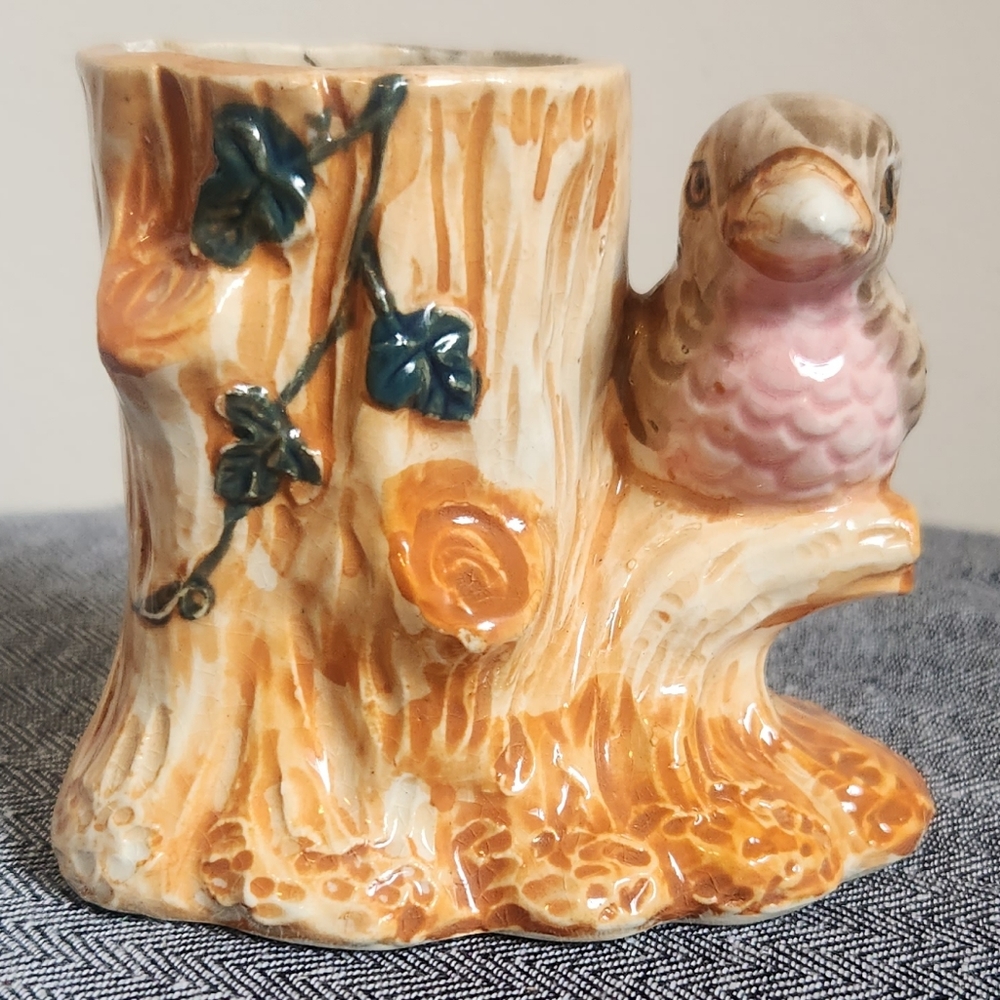 Small Vintage Bird on a Stump Plant Pot/Vase